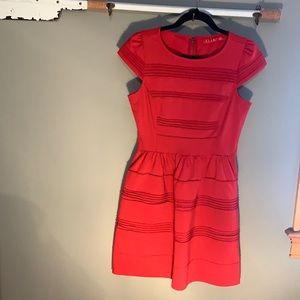Red Cap Sleeved Elle Dress with Decorative Pleats